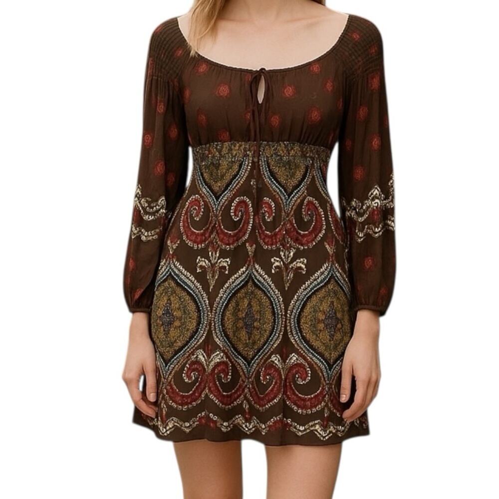Laundry by Shelli Segal Paisley Boho Peasant Dress Small Smocked Festival
